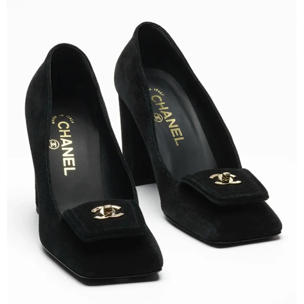 Chanel 26S Blazy Black Suede Square Toe Turnlock Gold CC Logo Block Heel Pump 38